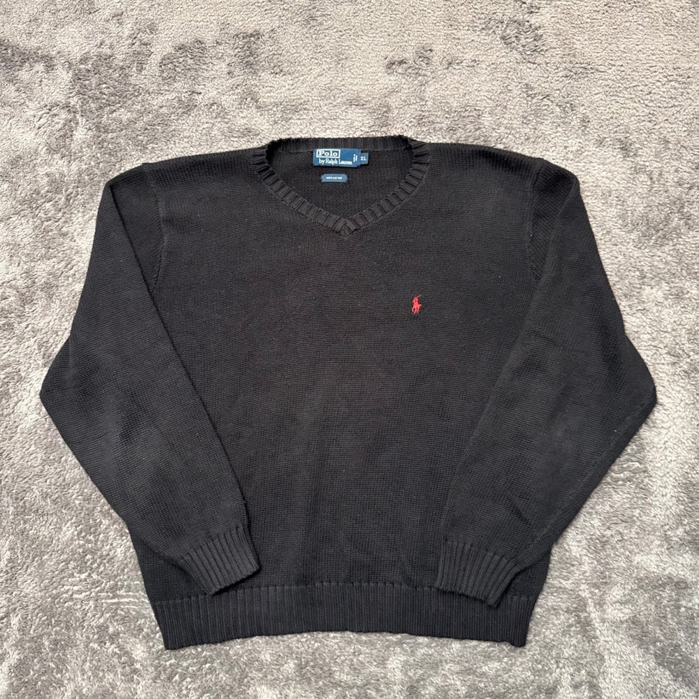 Polo Ralph Lauren Mens XL Black V-Neck Cotton Knit Sweater Red Pony Logo